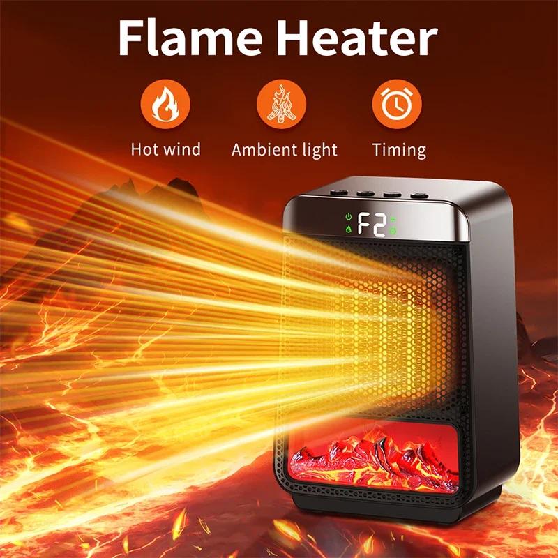 3D Flame Electric Fireplace Heater PTC Energy Saving Quick Heat with Timer for Home Office Silent Decorative