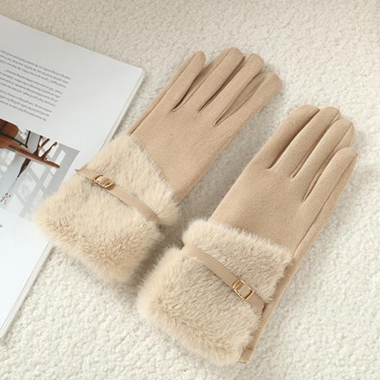 Women's Winter Suede Gloves with Fur Cuffs Soft Warm Touchscreen Cycling Gloves Ladies Fleece Lined Windproof Gloves for Cold Weather