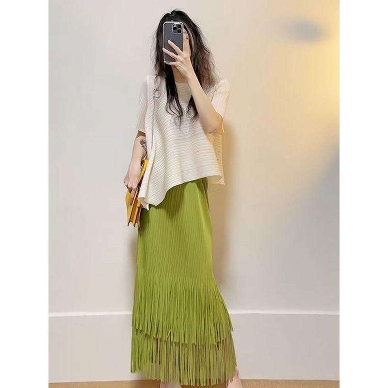 Summer Green Fringe Sexy Pleated Skirt for Women Fashion Party Wear