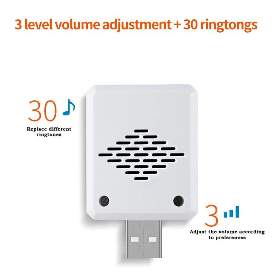 Bezdrátový zvonek pro domov venkovní USB zvonek DC 5V RF433 MHz Párování Dálkové ovládání 30 Melodií Nastavení hlasitosti Hovor pro péči o lůžko