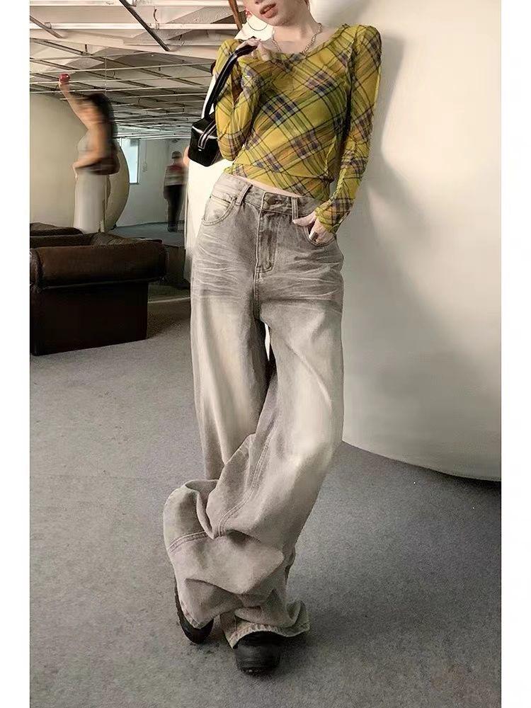 

Женские ретро-джинсы светло-серого цвета с высокой талией и широкими штанинами на весну/лето Medium светло-серый