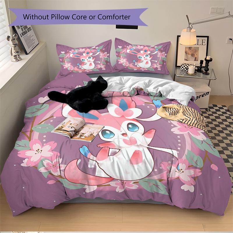 3pcs Sylveon Bedding Set - Includes 1 Quilt Cover and 2 Pillowcases, Comfortable Bedding with Stylish Design for Bedroom, Machine Washable -