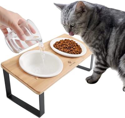 Gato Gato Gato Comida Vajilla Gato Acróbata Escuela Comida para Mascotas Bambú Gato Arroz Cerámica Comida Doble Snack Para Pequeño Cerámica Comida Vajilla, Cuenco, Contenedor,