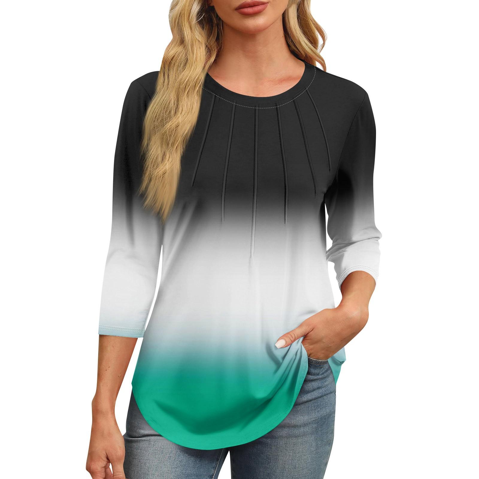 

Женская модная футболка с круглым вырезом и рукавом 3/4 с принтом, повседневная, базовая, плиссированная, пуловер L чёрный