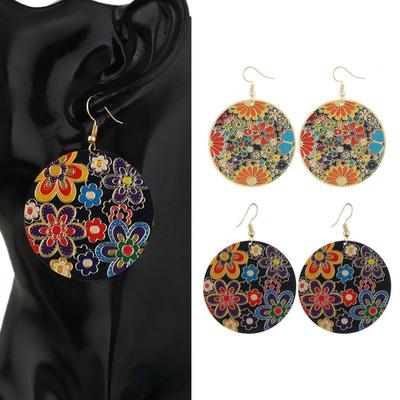 Orecchini pendenti rotondi vintage da donna con fiori colorati dipinti, gioielli da club