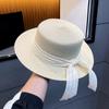 Women's Summer Straw Hat with Ribbon, Wide Brim Sun Protection Beach Cap, Elegant Flat Top Fisherman Hat for Outdoor Use