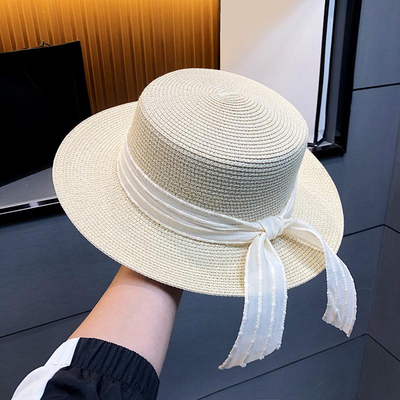 Women's Summer Straw Hat with Ribbon, Wide Brim Sun Protection Beach Cap, Elegant Flat Top Fisherman Hat for Outdoor Use
