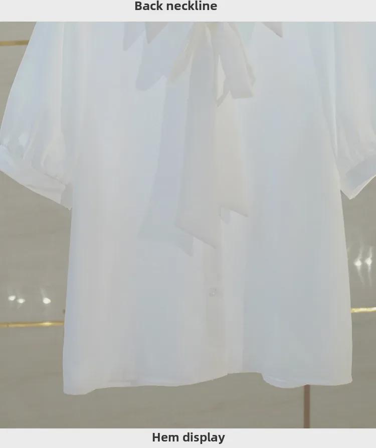 Women's White Chiffon Bow Tie Shirt - Summer Short-Sleeved Professional Top
