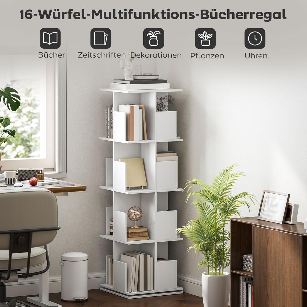 Rotating Bookshelf with 4 Levels, 16 Compartments, Easy Access, for Bedroom, Living Room, Study, Particle Board, White