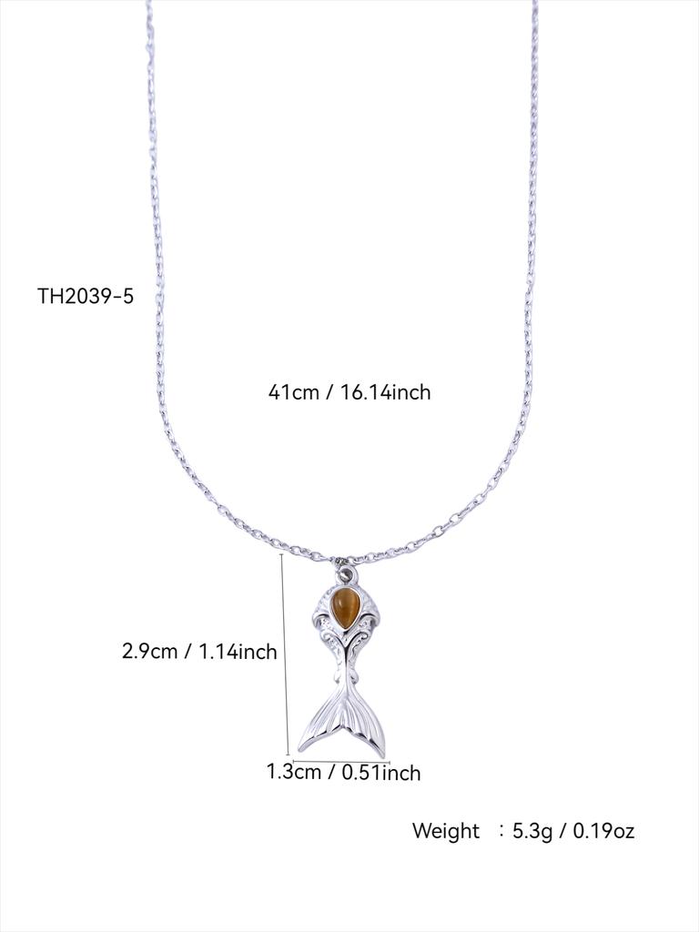 Beach Elegant Light Luxury Bohemian Style Stainless Steel 18K Gold-Plated Fish Tail Pendant Necklace Earrings Women'S Zircon