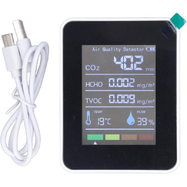 Air Quality Monitor 5-in-1 Detector for CO2, TVOC, HCHO LCD Display Temperature Humidity Detector