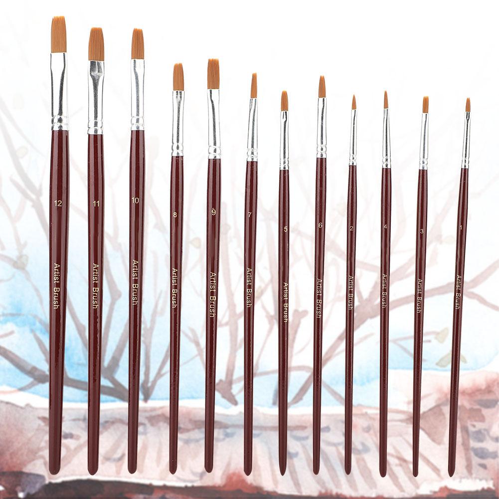 12Pcs Wine Red Nylon Hair Drawing Brush Art Painting Set Tool(flat)