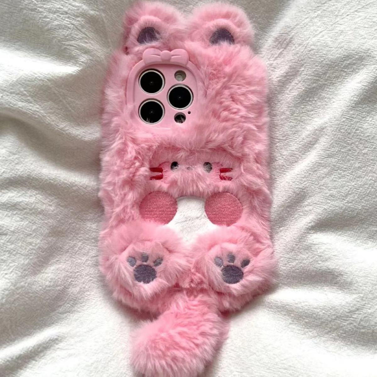 

Осень Зима Милый Плюшевый Чехол для Телефона с Кошкой для IPhone 15 14 Pro Max 11 13 12 Mini XR 6 8 7 Plus X XS SE Милая Обложка Противоударный Чехол iPhone X розовый