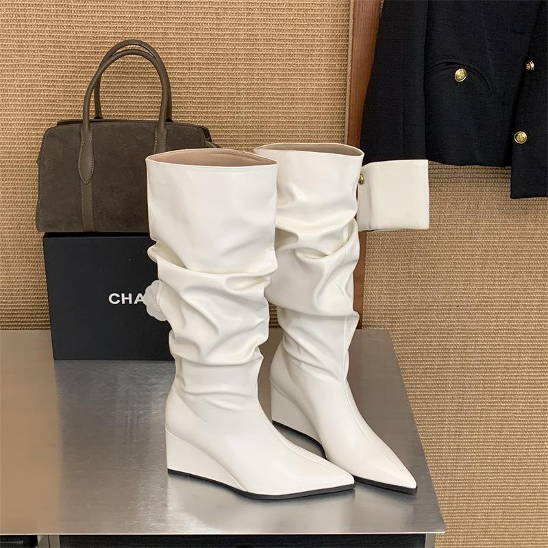 Wedge heel boots autumn and winter new pointed high heel wrinkled pile boots wide knight boots