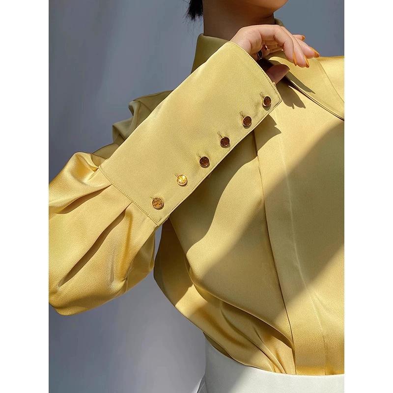 

Французский темперамент атласная рубашка женская с длинным рукавом весна и осень шикарная драпированная рубашка нишевый дизайн высококлассный топ с острым воротником S жёлтый