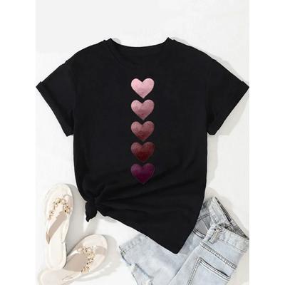 Fashion Women T Shirt Pink Heart Print T Shirt Round Neck Tops Female Short Sleeve Tee Shirt Women Tops Clothing Streetwear