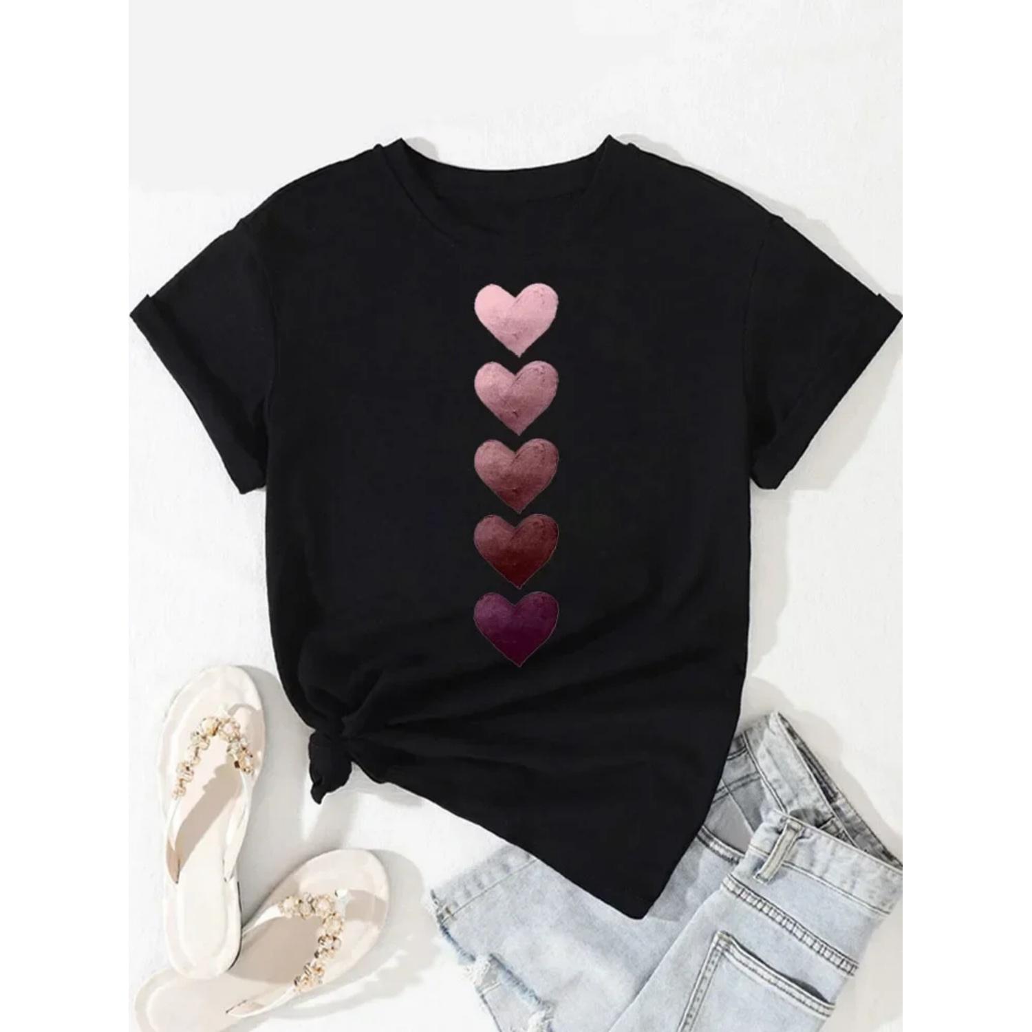 Модная женская футболка с принтом розового сердца, футболка с круглым вырезом, топ, женская футболка с коротким рукавом, женские топы, одежда, уличная мода S чёрный
