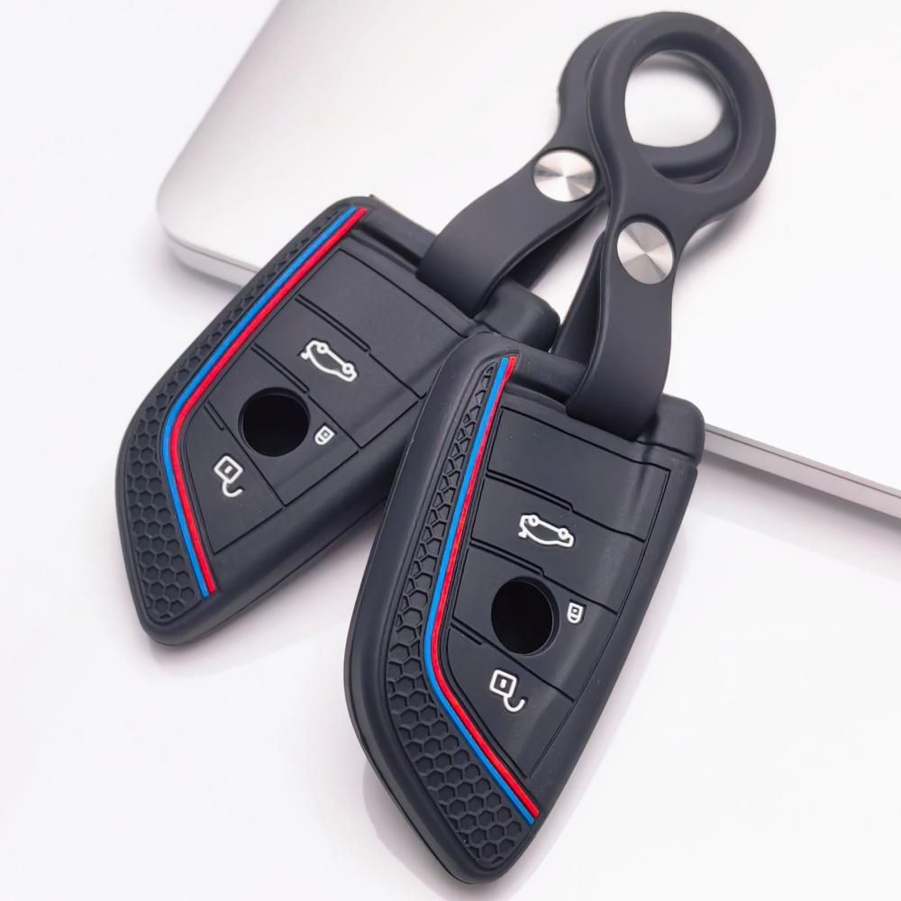 Silikon-Schlüsselanhänger-Abdeckung mit passendem Schlüsselanhänger für BMW 1er 2er 3er 4er 5er 6er 7er Serie X1 X2 X3 X4 X5 X6 X7 M Serie Keyless Entry Fernbedienung Dieses weiche Schutz
