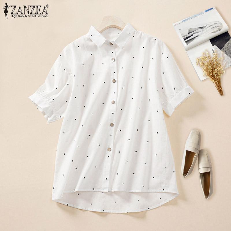 

ZANZEA Женщины Лето Повседневный Отвернутый воротник Короткий рукав Горошек Блузка Рубашка