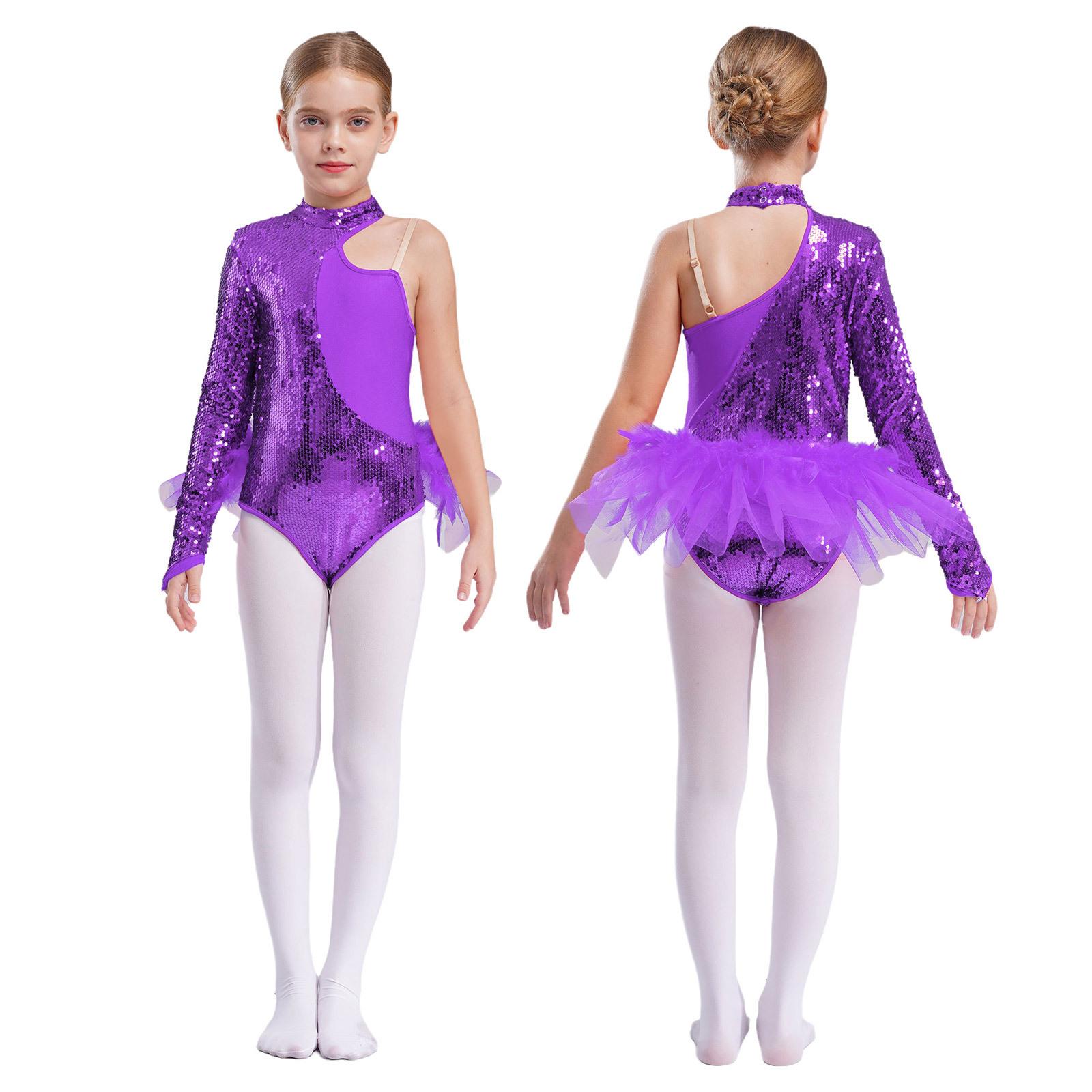 

Teen Girls Ballet Dance Tutu Figure Skating Gymnastics Acrobatics Leotard Shiny Sequin Feather Mesh Skirted Bodysuit Dancewear 5-6 Years