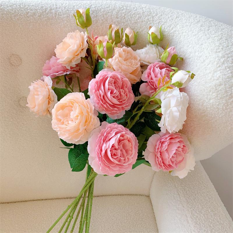 3-Head Peony Silk Flower Bouquet - Dried Floral Arrangement for Living Room or Dining Table Decor