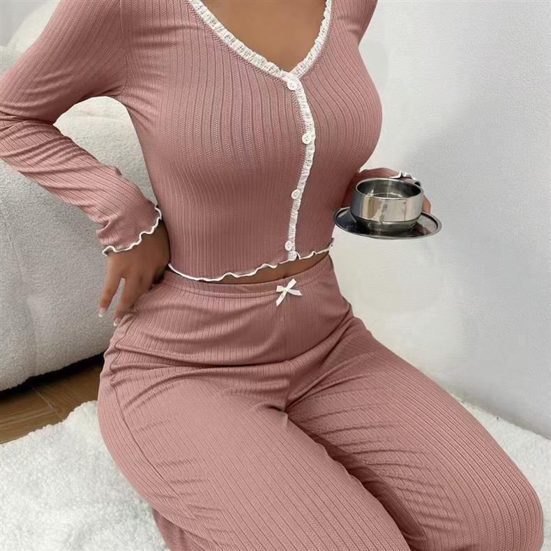 2026 European & American Casual Jacquard Ruffle Trim Slim Fit Homewear Set - Round Neck, Short Sleeve, Shorts, Two-Piece