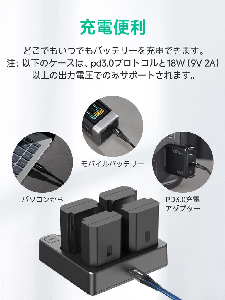 Toprig Charger with PD60W Fast Replacement for Sony Cameras 4 Simultaneous LED Battery Level Compatible with 7R NP-FZ100 4-Channel Charging, USB-C