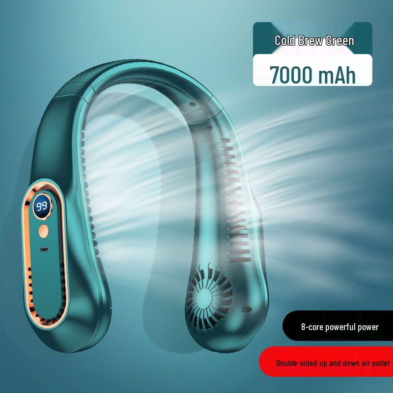 

USB Rechargeable Leafless Outdoor Mini Fan with Digital Display, Silent Operation, Anti-Pinch Design, Hanging Neck, Long Battery Life. Refer to detail page зелений