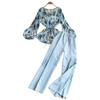 Mature Style Two-Piece Women's Suit: Loose Floral Pleated Shirt & High Waist Wide Leg Trousers