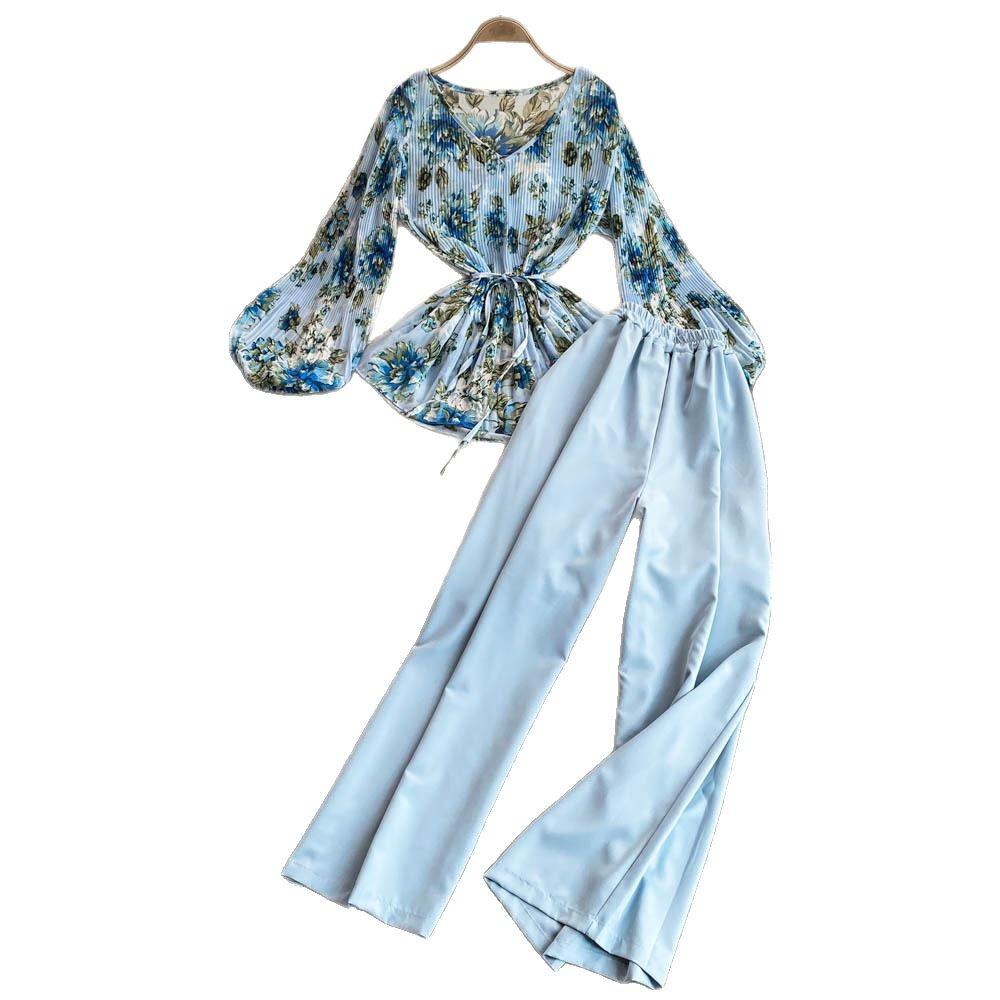 Mature Style Two-Piece Women's Suit: Loose Floral Pleated Shirt & High Waist Wide Leg Trousers