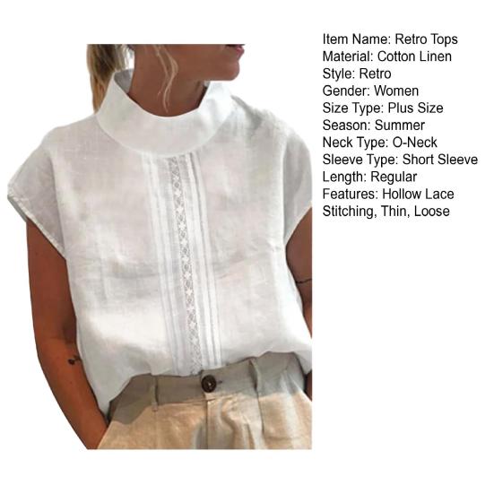 Stand-Neck Short Sleeve Retro Tops Hollow Out Lace Stitching Loose Fit Thin Women Solid Color Shirt Top Streetwear