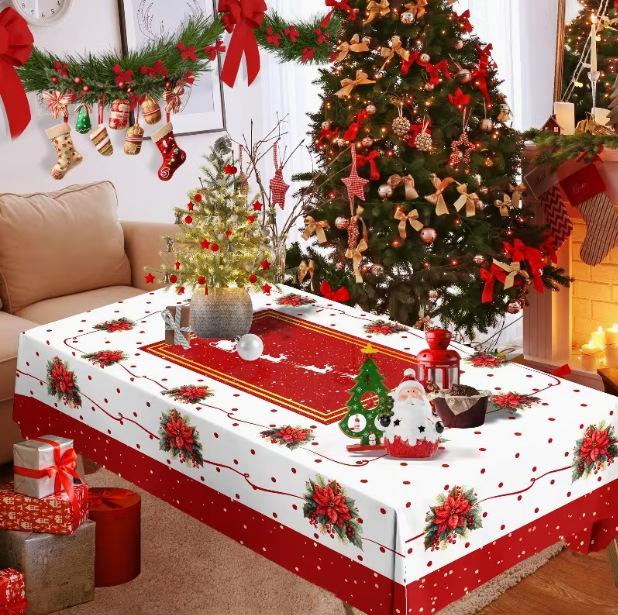 Vintage Winter Wonderland Christmas Tablecloth with Santa Reindeer & Snowman Patterns - Rectangular Table Cover