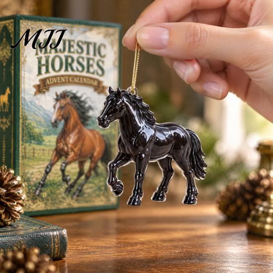 Collectible Holiday Ornaments Black Horse & Elephant Advent Calendar, 24 Acrylic 2D Festive Home Decorations Ornament Set, Christmas Tree Hanging