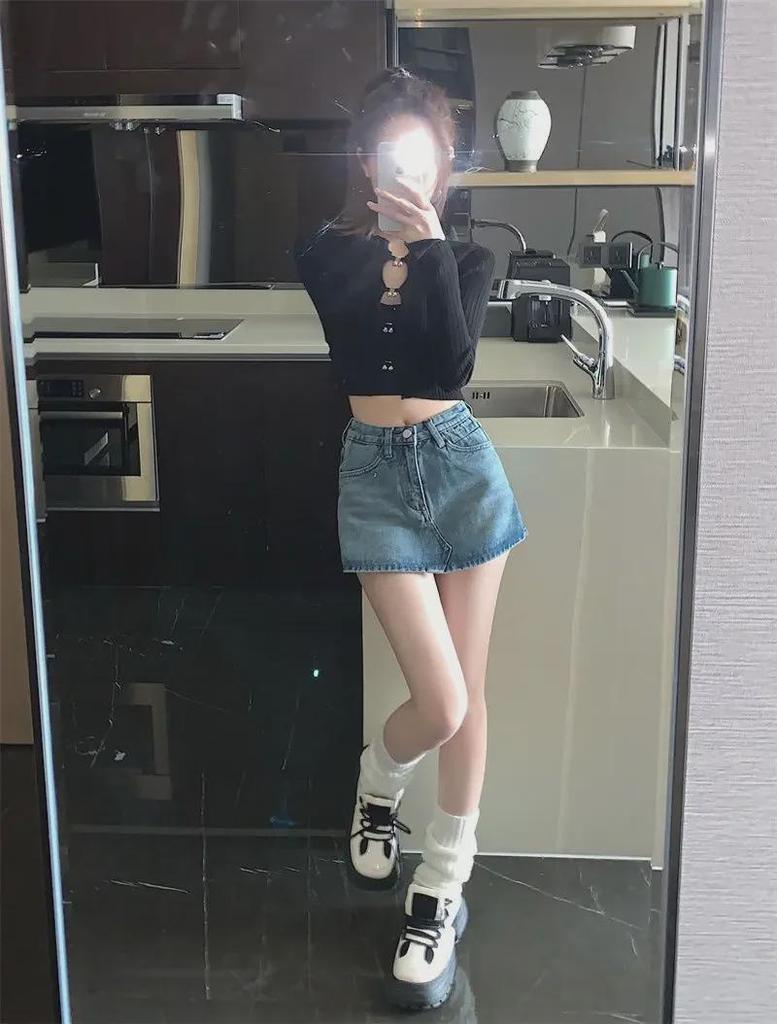 2025 Plus Size Spicy Retro A-line Denim Mini Skirt - High Waist Summer Skirt Pants for Women