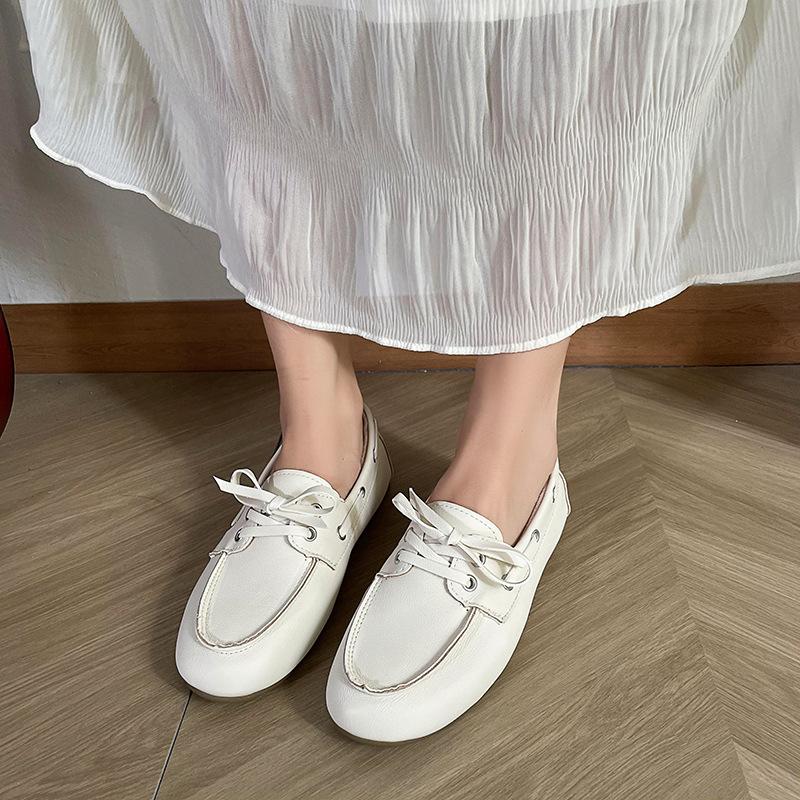 

2024 весна и лето новые модные и удобные туфли Doudou универсальные мокасины со шнуровкой спереди круглые туфли на плоской подошве женские 40 белый