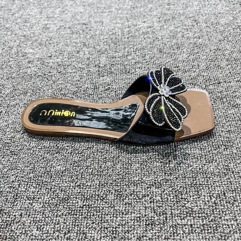 

Модные сандалии женские шлепанцы со стразами плоские сандалии женские тапочки туфли женские квадратный носок блестящие вечерние сандалии женские 2024 42 чёрный