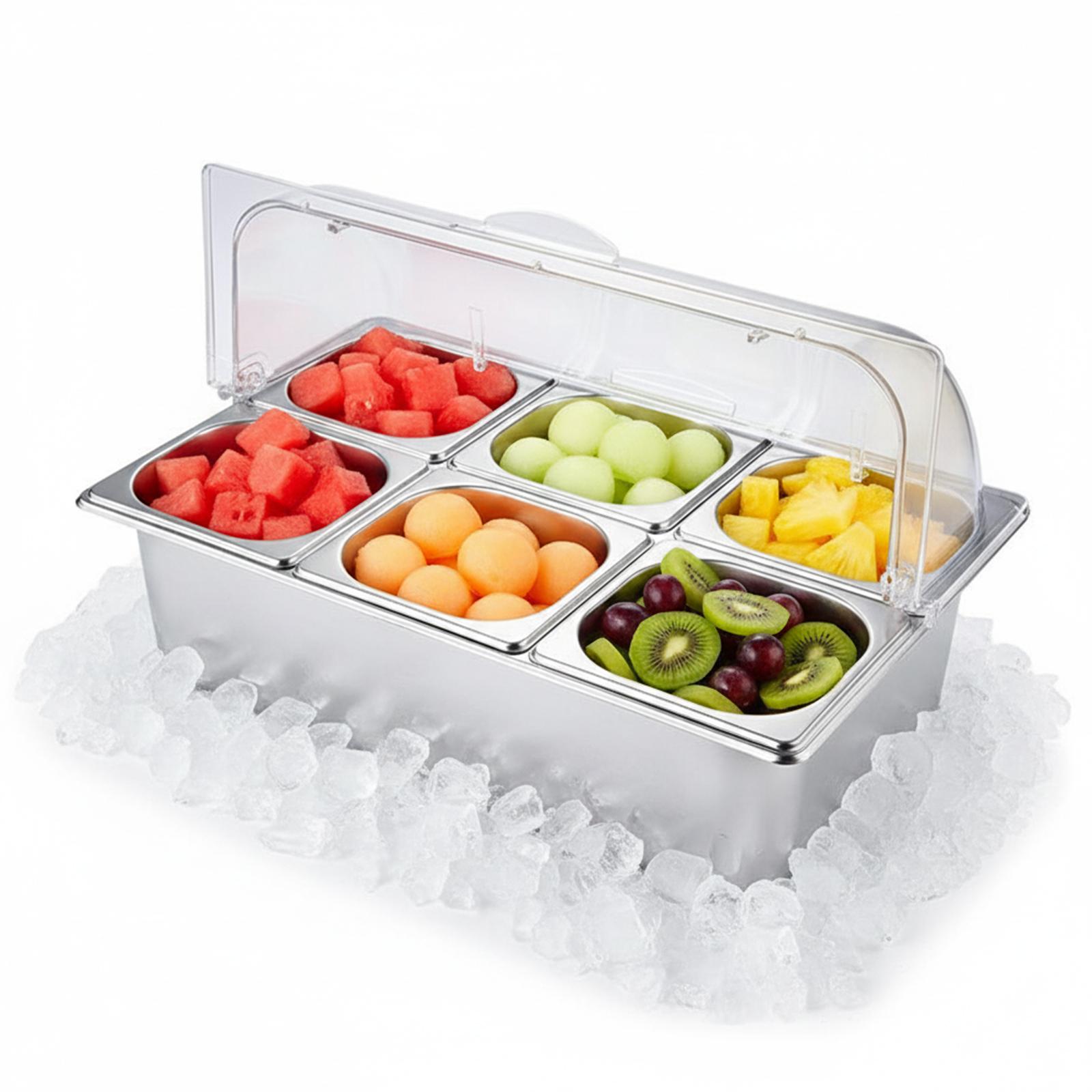 

6 Pan Ice Cooled Food Display Rack Pans with Clear Roll Top Cover Condiment Serving Container for Restaurant Kitchen Party China Mainland
