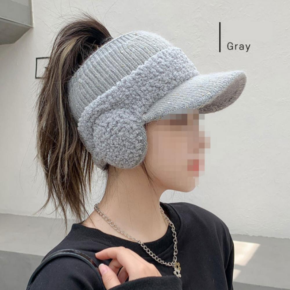 

Зимние вязаные шапки H для женщин с ушками и открытым верхом для волос серый