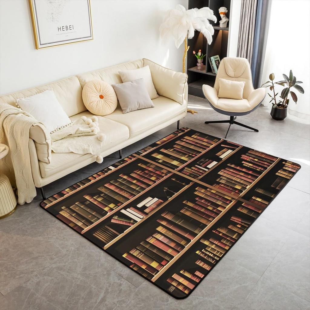 Bookshelf Area Rug for Teen Study Room Decor Library Book Print Carpet Vintage Bookshelf Living Room Doormat Bookcase Floor Mat
