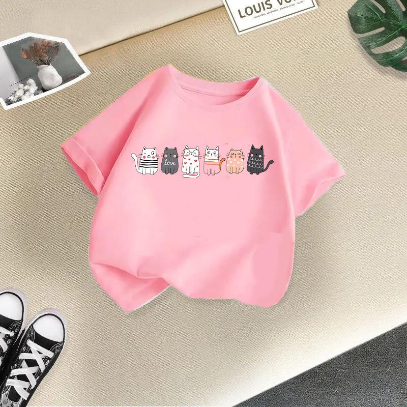 2025 Cute Cat Printed Summer New Product Children's Clothing Children's Short Sleeved T-shirt Baby Fashion T-shirt