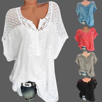 Women Summer  Short Sleeve Hollow Out Solid Casual Blouse Top T-Shirt