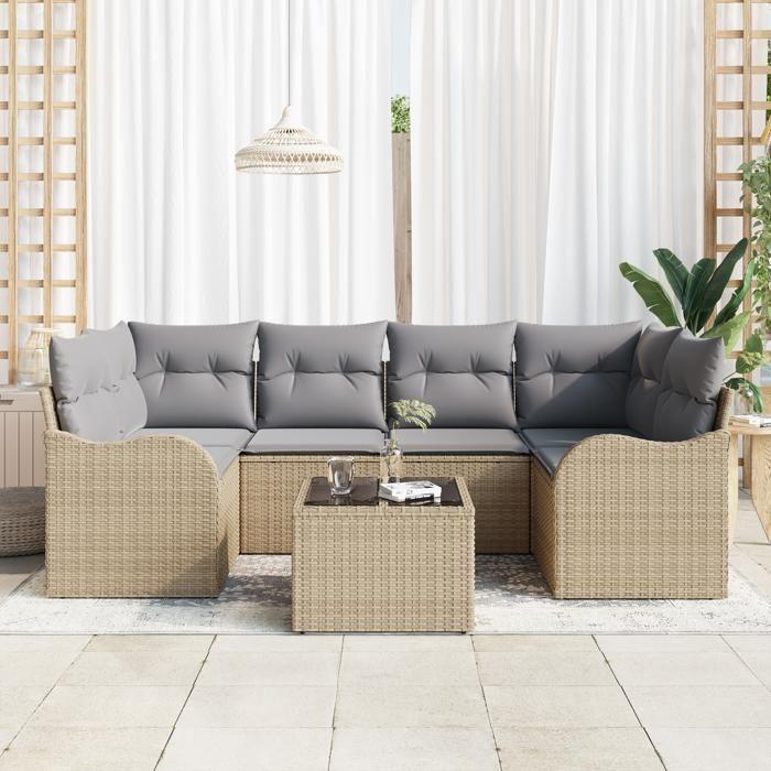 Ensemble de canapés de jardin 7 pièces avec coussins beige en poly rattan, Canapé de jardin 2 places avec rangement 3354269