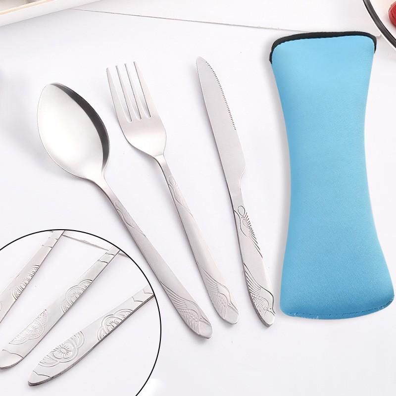 Portable Stainless Steel Western Cutlery Set: Knife, Fork, Spoon & Cloth Bag - Creative Three-Piece Gift Set