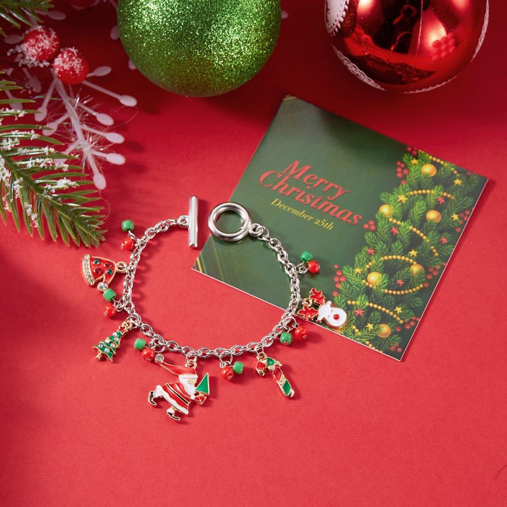 Christmas Santa Claus Snowman Tree Sock Pendant Bracelet Hat Deer Wreath Crystal Beads Tassel Bangle For Women Men Jewelry Gift