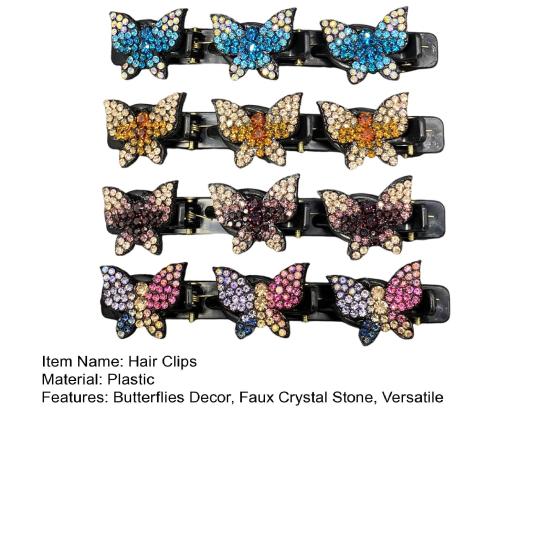 4/6Pcs Faux Crystal Stone Braided Hair Clips Girls Rhinestone Butterflies Decor Hair Braid Clips Shiny Hair Accessories