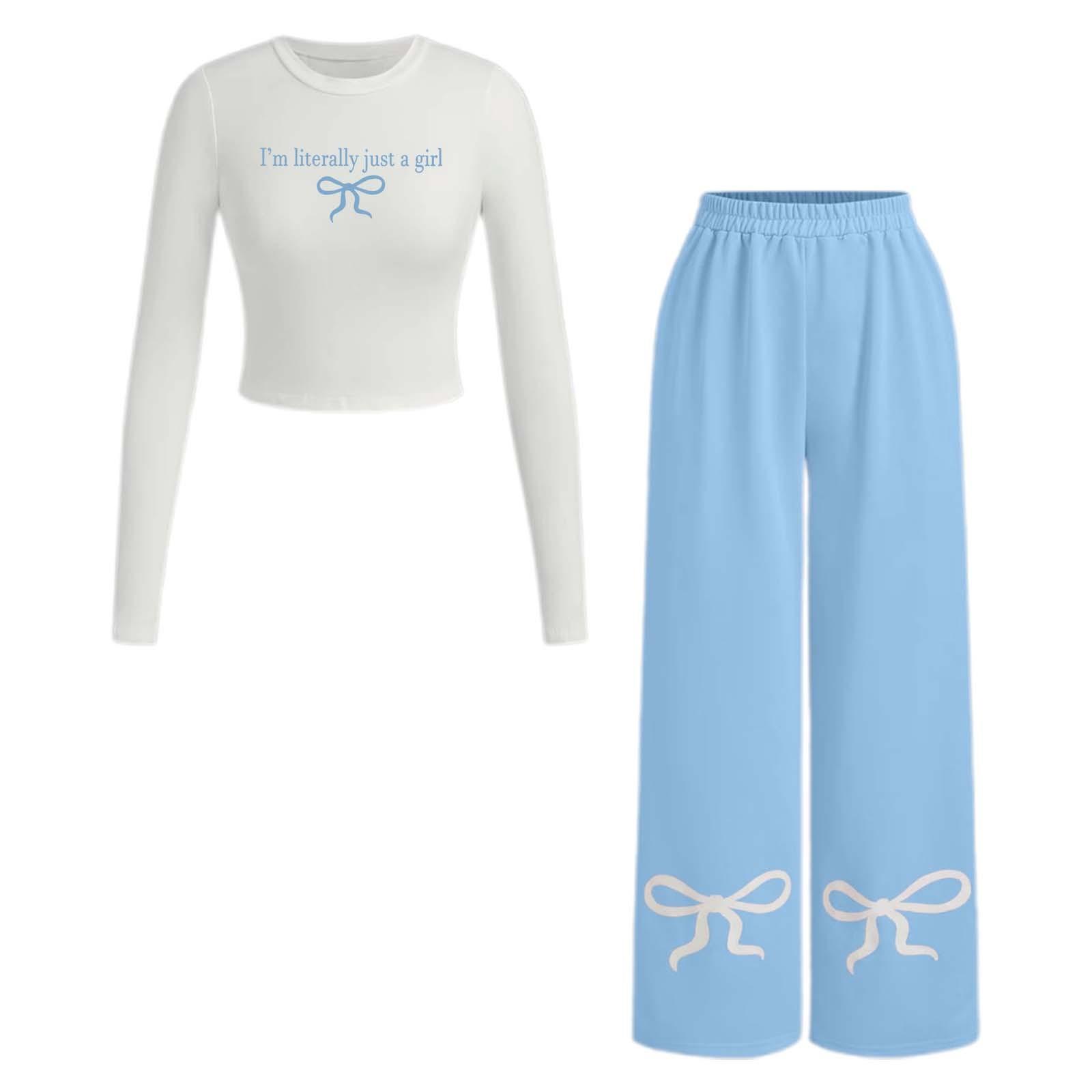 

Women s Casual And Fashionable Solid Color Print Top And Pants Two-piece Set XS світло-синій колір