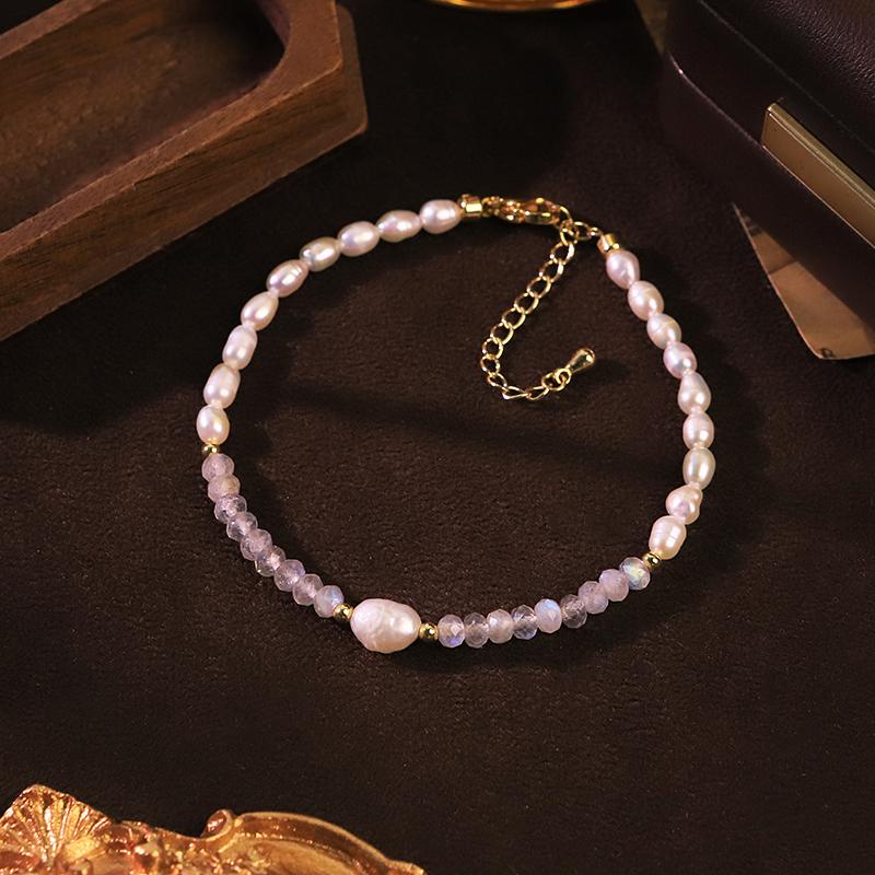 Natural Freshwater Pearl Moonstone Beaded Adjustable Bracelet for Women Daily Office Wedding Pearl Bracelet Dainty Jewelry