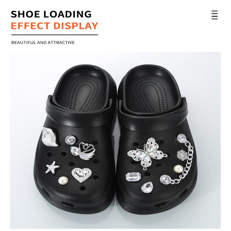 Set da 12 Pezzi Charms per Scarpe a Catena Argentati Incastonati di Diamanti Per Decorazioni Fai-da-te con Pattern Calamaro Farfalla Conchiglia Fibbia per Scarpe