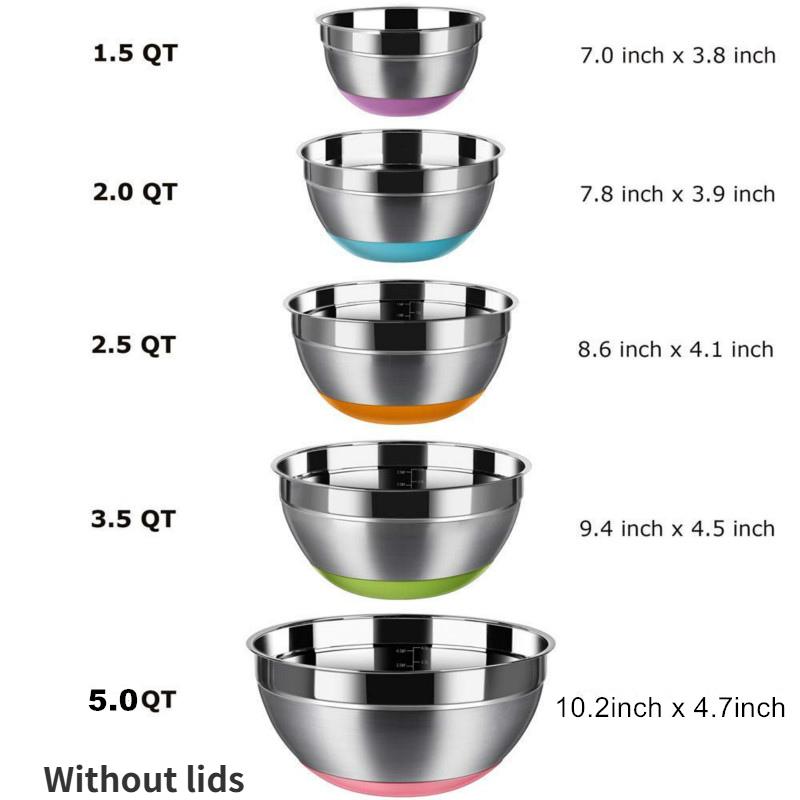 

5 шт. мисок для смешивания из нержавеющей стали диаметром 18/20/22/24/26 см, металлические вложенные миски с цветными герметичными крышками и нескользящим дном