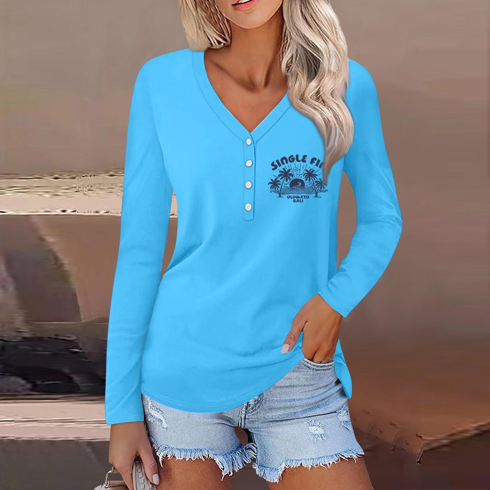 

Женская повседневная мода сексуальный удобный пляжный стиль повседневный принт V-образный вырез пуговицы длинный рукав L светло-синий